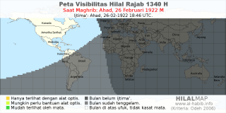 HilalMap: Peta Visibilitas Hilal Rajab 1340 H: rukyat tanggal 1922-2-26 M