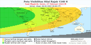 HilalMap: Peta Visibilitas Hilal Rajab 1340 H: rukyat tanggal 1922-2-27 M