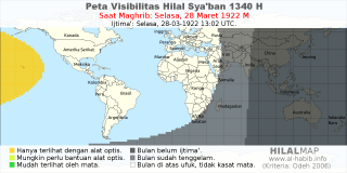 HilalMap: Peta Visibilitas Hilal Syaban 1340 H: rukyat tanggal 1922-3-28 M