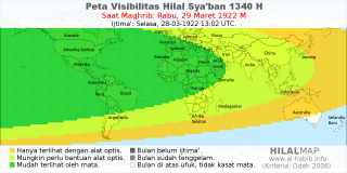 HilalMap: Peta Visibilitas Hilal Syaban 1340 H: rukyat tanggal 1922-3-29 M
