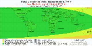 HilalMap: Peta Visibilitas Hilal Ramadhan 1340 H: rukyat tanggal 1922-4-28 M