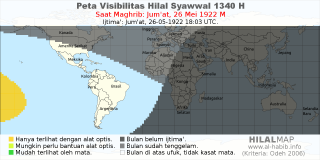 HilalMap: Peta Visibilitas Hilal Syawwal 1340 H: rukyat tanggal 1922-5-26 M