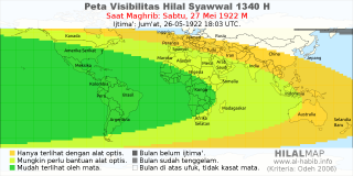 HilalMap: Peta Visibilitas Hilal Syawwal 1340 H: rukyat tanggal 1922-5-27 M