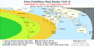 HilalMap: Peta Visibilitas Hilal Shafar 1341 H: rukyat tanggal 1922-9-21 M