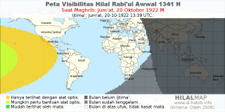 HilalMap: Peta Visibilitas Hilal Rabiul-Awwal 1341 H: rukyat tanggal 1922-10-20 M