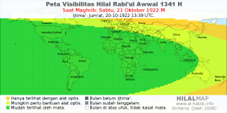 HilalMap: Peta Visibilitas Hilal Rabiul-Awwal 1341 H: rukyat tanggal 1922-10-21 M