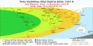 HilalMap: Peta Visibilitas Hilal Rabiul-Akhir 1341 H: rukyat tanggal 1922-11-19 M