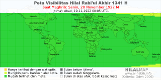 HilalMap: Peta Visibilitas Hilal Rabiul-Akhir 1341 H: rukyat tanggal 1922-11-20 M