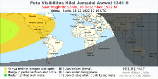 HilalMap: Peta Visibilitas Hilal Jumadal-Awwal 1341 H: rukyat tanggal 1922-12-18 M