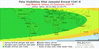 HilalMap: Peta Visibilitas Hilal Jumadal-Awwal 1341 H: rukyat tanggal 1922-12-19 M