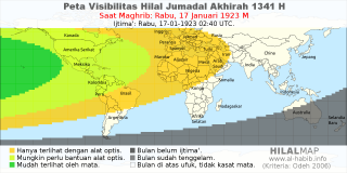 HilalMap: Peta Visibilitas Hilal Jumadal-Akhirah 1341 H: rukyat tanggal 1923-1-17 M