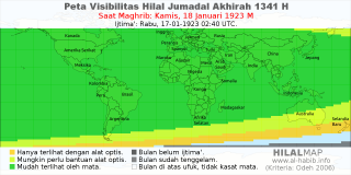 HilalMap: Peta Visibilitas Hilal Jumadal-Akhirah 1341 H: rukyat tanggal 1923-1-18 M