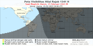 HilalMap: Peta Visibilitas Hilal Rajab 1341 H: rukyat tanggal 1923-2-15 M
