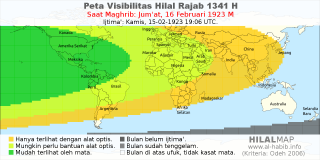 HilalMap: Peta Visibilitas Hilal Rajab 1341 H: rukyat tanggal 1923-2-16 M