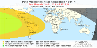 HilalMap: Peta Visibilitas Hilal Ramadhan 1341 H: rukyat tanggal 1923-4-16 M
