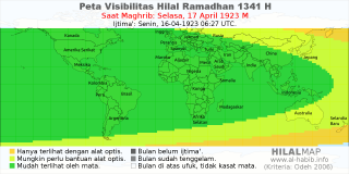 HilalMap: Peta Visibilitas Hilal Ramadhan 1341 H: rukyat tanggal 1923-4-17 M