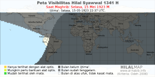 HilalMap: Peta Visibilitas Hilal Syawwal 1341 H: rukyat tanggal 1923-5-15 M