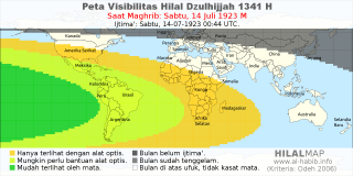 HilalMap: Peta Visibilitas Hilal Dzulhijjah 1341 H: rukyat tanggal 1923-7-14 M