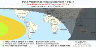 HilalMap: Peta Visibilitas Hilal Muharram 1342 H: rukyat tanggal 1923-8-12 M