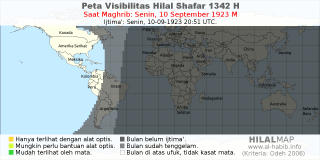 HilalMap: Peta Visibilitas Hilal Shafar 1342 H: rukyat tanggal 1923-9-10 M