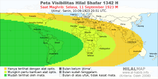 HilalMap: Peta Visibilitas Hilal Shafar 1342 H: rukyat tanggal 1923-9-11 M