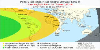 HilalMap: Peta Visibilitas Hilal Rabiul-Awwal 1342 H: rukyat tanggal 1923-10-10 M