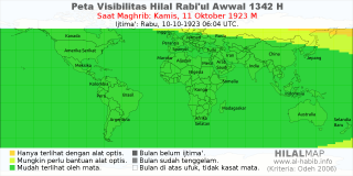 HilalMap: Peta Visibilitas Hilal Rabiul-Awwal 1342 H: rukyat tanggal 1923-10-11 M