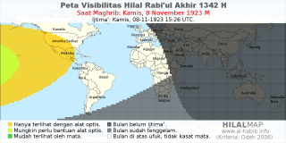 HilalMap: Peta Visibilitas Hilal Rabiul-Akhir 1342 H: rukyat tanggal 1923-11-8 M