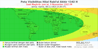 HilalMap: Peta Visibilitas Hilal Rabiul-Akhir 1342 H: rukyat tanggal 1923-11-9 M