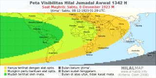 HilalMap: Peta Visibilitas Hilal Jumadal-Awwal 1342 H: rukyat tanggal 1923-12-8 M
