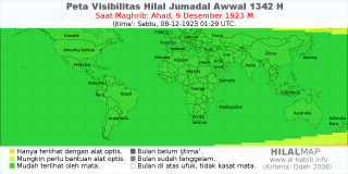 HilalMap: Peta Visibilitas Hilal Jumadal-Awwal 1342 H: rukyat tanggal 1923-12-9 M