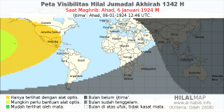 HilalMap: Peta Visibilitas Hilal Jumadal-Akhirah 1342 H: rukyat tanggal 1924-1-6 M