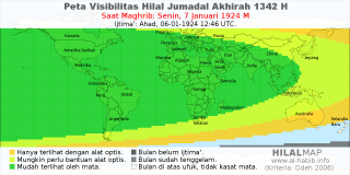 HilalMap: Peta Visibilitas Hilal Jumadal-Akhirah 1342 H: rukyat tanggal 1924-1-7 M