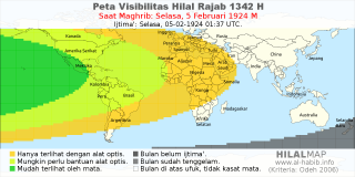 HilalMap: Peta Visibilitas Hilal Rajab 1342 H: rukyat tanggal 1924-2-5 M