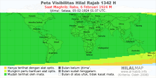HilalMap: Peta Visibilitas Hilal Rajab 1342 H: rukyat tanggal 1924-2-6 M