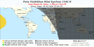 HilalMap: Peta Visibilitas Hilal Syaban 1342 H: rukyat tanggal 1924-3-5 M