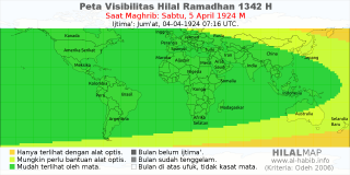 HilalMap: Peta Visibilitas Hilal Ramadhan 1342 H: rukyat tanggal 1924-4-5 M