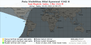 HilalMap: Peta Visibilitas Hilal Syawwal 1342 H: rukyat tanggal 1924-5-3 M