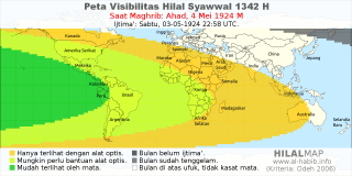 HilalMap: Peta Visibilitas Hilal Syawwal 1342 H: rukyat tanggal 1924-5-4 M