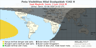 HilalMap: Peta Visibilitas Hilal Dzulqaidah 1342 H: rukyat tanggal 1924-6-2 M
