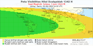 HilalMap: Peta Visibilitas Hilal Dzulqaidah 1342 H: rukyat tanggal 1924-6-3 M
