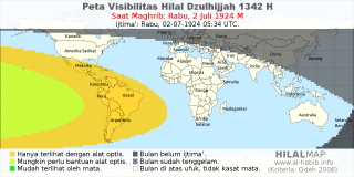 HilalMap: Peta Visibilitas Hilal Dzulhijjah 1342 H: rukyat tanggal 1924-7-2 M
