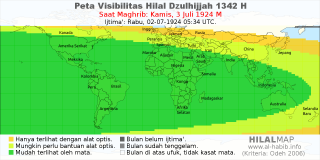 HilalMap: Peta Visibilitas Hilal Dzulhijjah 1342 H: rukyat tanggal 1924-7-3 M