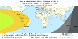 HilalMap: Peta Visibilitas Hilal Shafar 1343 H: rukyat tanggal 1924-8-30 M
