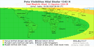 HilalMap: Peta Visibilitas Hilal Shafar 1343 H: rukyat tanggal 1924-8-31 M