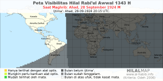 HilalMap: Peta Visibilitas Hilal Rabiul-Awwal 1343 H: rukyat tanggal 1924-9-28 M