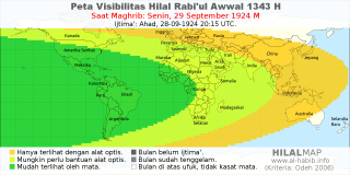 HilalMap: Peta Visibilitas Hilal Rabiul-Awwal 1343 H: rukyat tanggal 1924-9-29 M