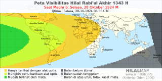 HilalMap: Peta Visibilitas Hilal Rabiul-Akhir 1343 H: rukyat tanggal 1924-10-28 M