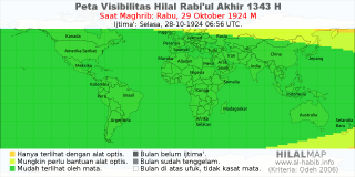 HilalMap: Peta Visibilitas Hilal Rabiul-Akhir 1343 H: rukyat tanggal 1924-10-29 M