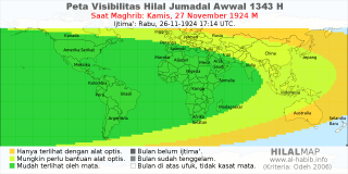 HilalMap: Peta Visibilitas Hilal Jumadal-Awwal 1343 H: rukyat tanggal 1924-11-27 M